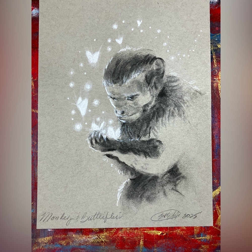Original Monkey painting capuchin art Charcoal pastel Butterflies handmade USA - Picture 3 of 7